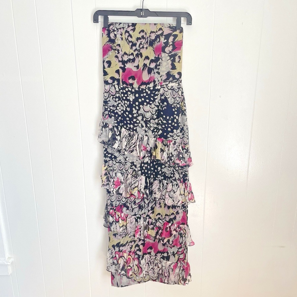 David Hayes VTG Silk Strapless Dress 8 Tiered Ruffle Maxi‎ Bold Animal Print